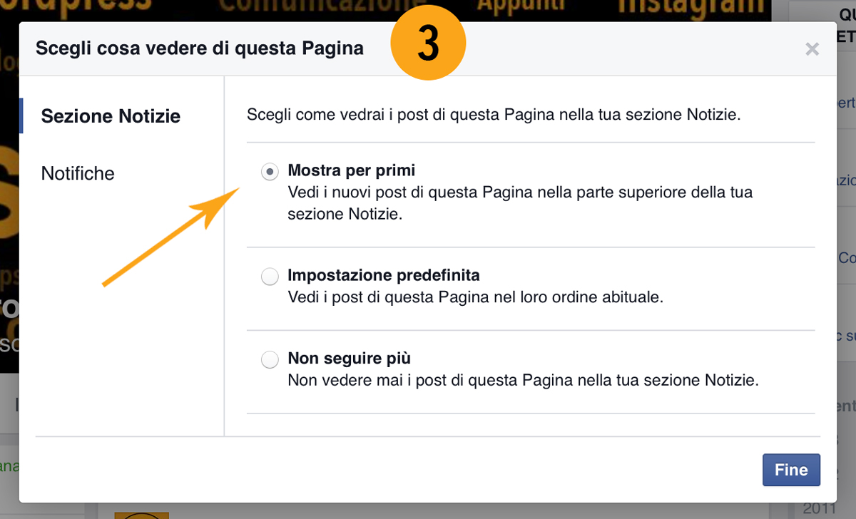 Pagina Facebook notifiche notizie