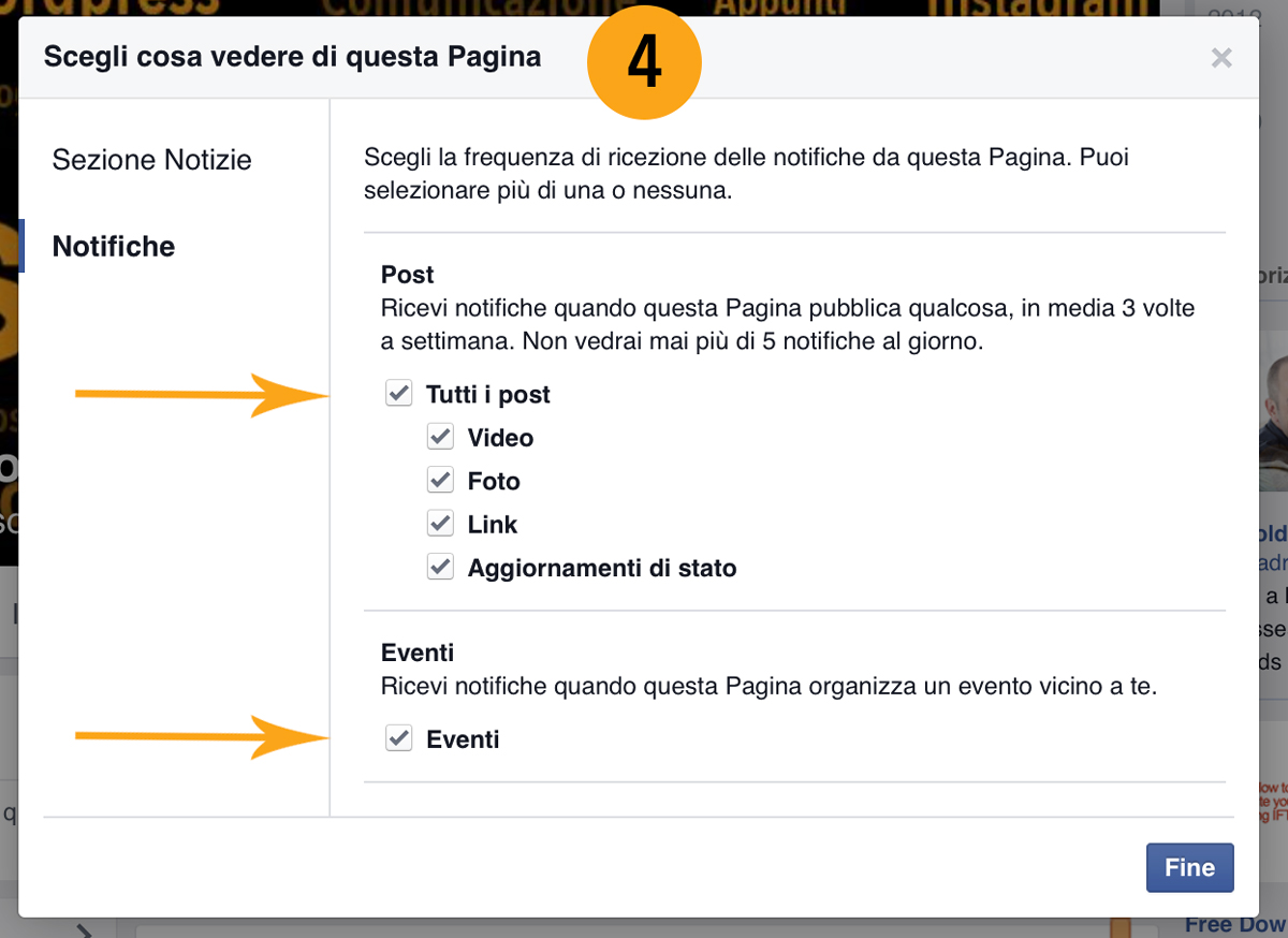 Pagina Facebook notifiche post ed eventi