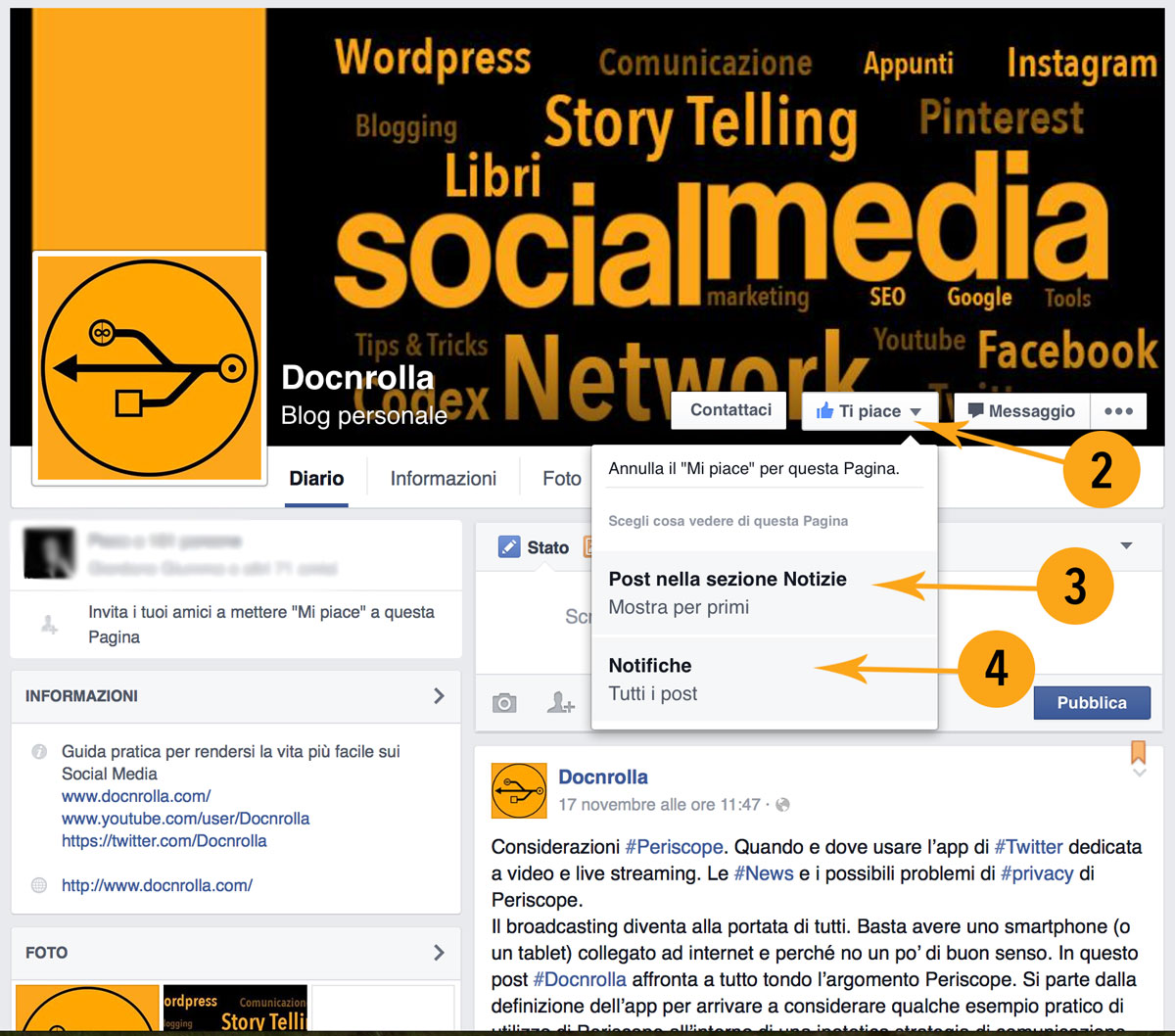 Pagina Facebook notifiche degli aggiornamenti