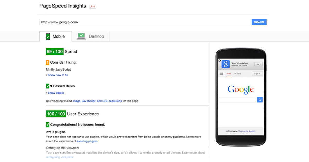 Google PageSpeed Insights Screenshot Google mobile